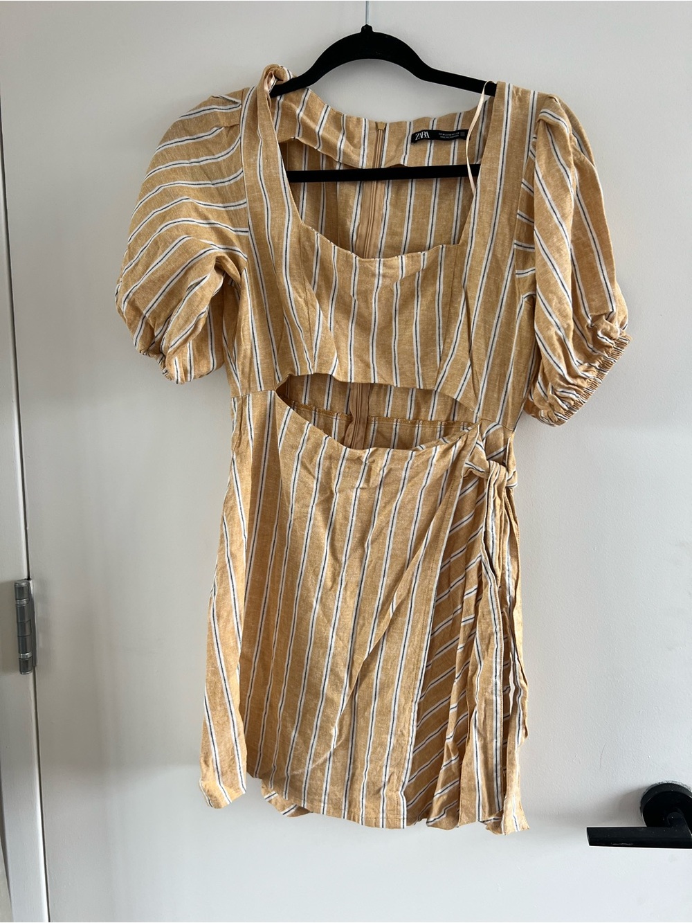 Zara Mustard-White Striped Puff-Sleeve Wrap Mini Dress